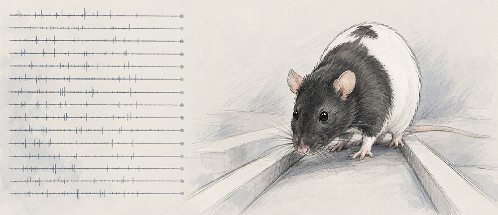 Drawing of a rat on a maze arm next to electrophysiological spike traces.